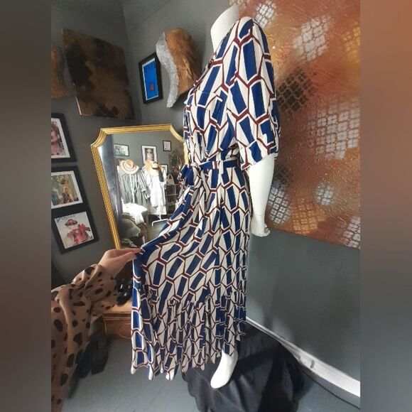 Nwot Zara Geometric Blue, Burgundy and Cream Maxi Dress - Picture 7 of 16